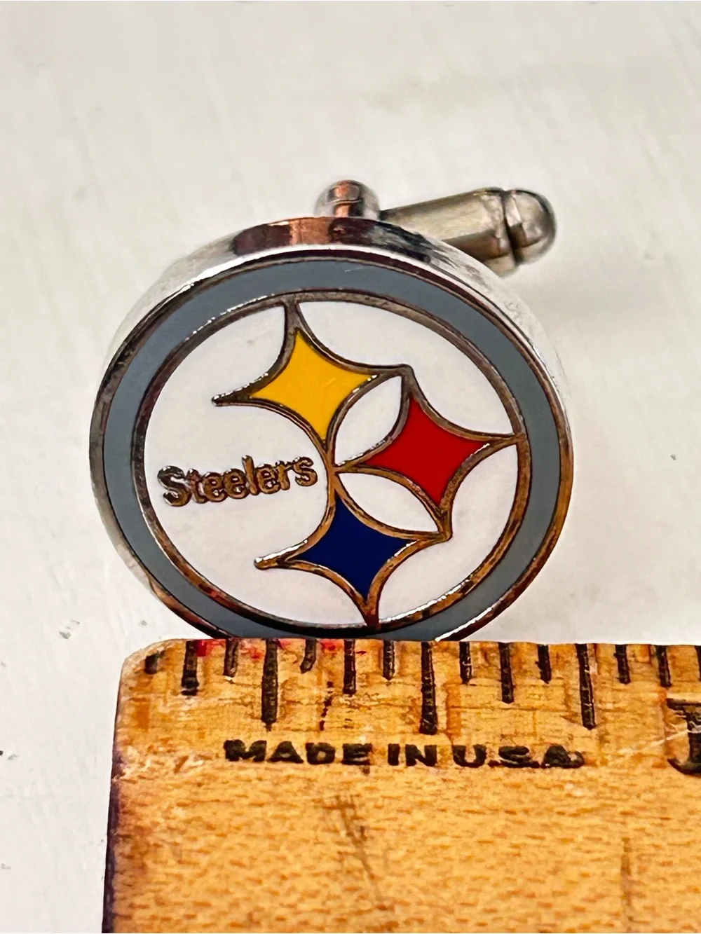NFL Pittsburgh Steelers Logo Enamel Cuff Links in White Rhodium Brass